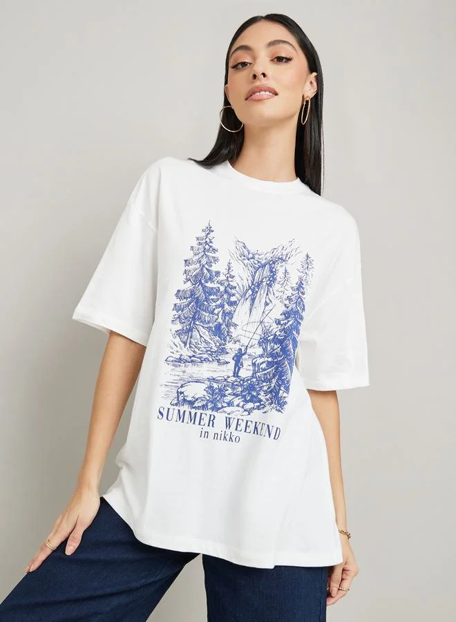 ستايلي Oversized Graphic Print Longline T-Shirt