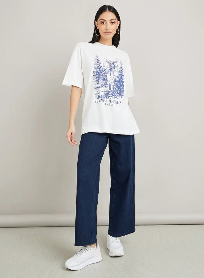 ستايلي Oversized Graphic Print Longline T-Shirt