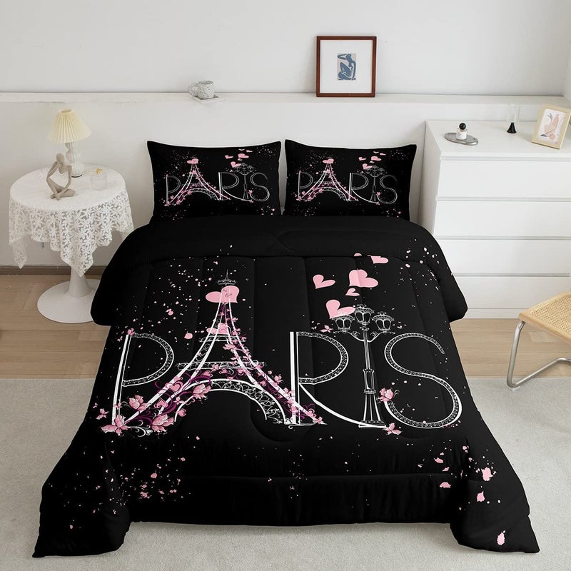Feelyou Eiffel Tower Comforter Set Chic Paris Bedding Set Romantic Theme Comforter for Boys Girls Children Teens Black Pink Bedroom Decor Modern French Style Duvet Set Twin Size with 1 Pillow Case 
