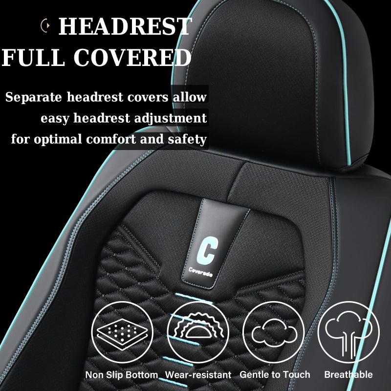 Coverado Car Seat Covers Full Set, 5 Seats Universal Seat Covers for Cars, Breathable Fabric Faux Leather Auto Seat Cushions, Front and Rear Seat Protectors Fit for Most Sedans SUV Truck, Black&Blue - Image 4