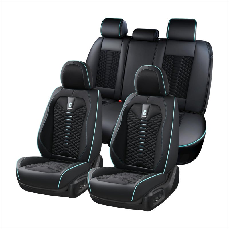 Coverado Car Seat Covers Full Set, 5 Seats Universal Seat Covers for Cars, Breathable Fabric Faux Leather Auto Seat Cushions, Front and Rear Seat Protectors Fit for Most Sedans SUV Truck, Black&Blue - Image 1