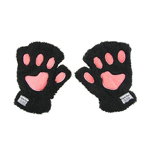 FakeFace Cute Cat Kitten Paw Fingerless Faux Fur Plush Gloves For Girls Women, Black, Small - Image 2