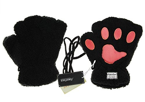 FakeFace Cute Cat Kitten Paw Fingerless Faux Fur Plush Gloves For Girls Women, Black, Small - Image 4