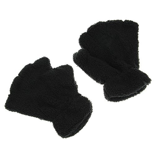 FakeFace Cute Cat Kitten Paw Fingerless Faux Fur Plush Gloves For Girls Women, Black, Small - Image 3