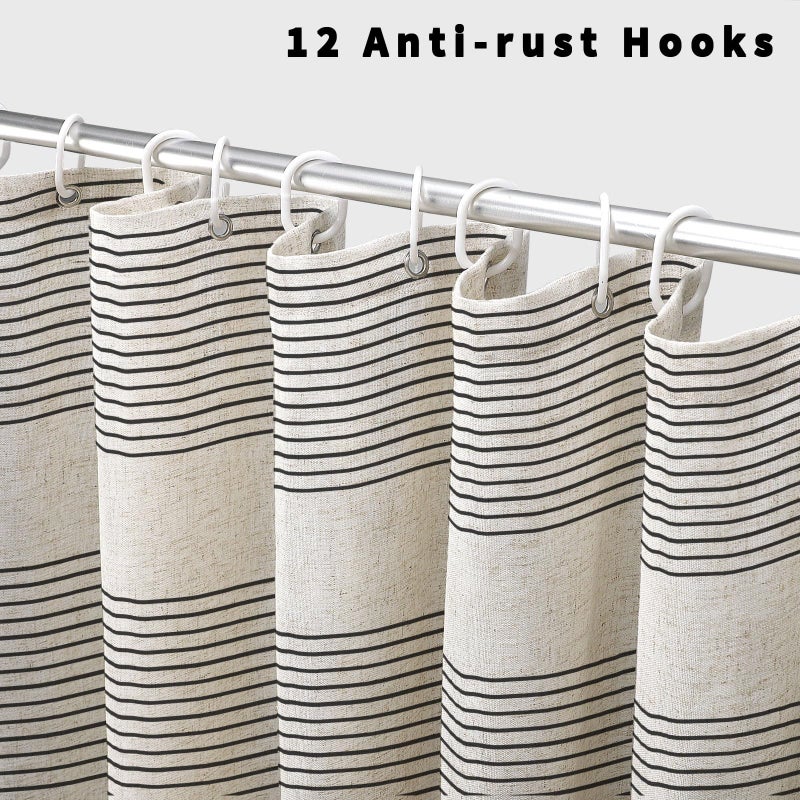 WOUVMA Boho Shower Curtains for Bathroom with Tassels Black Farmhouse Striped Shower Curtain Beige Rustic Linen 72x72 Inches - Image 4
