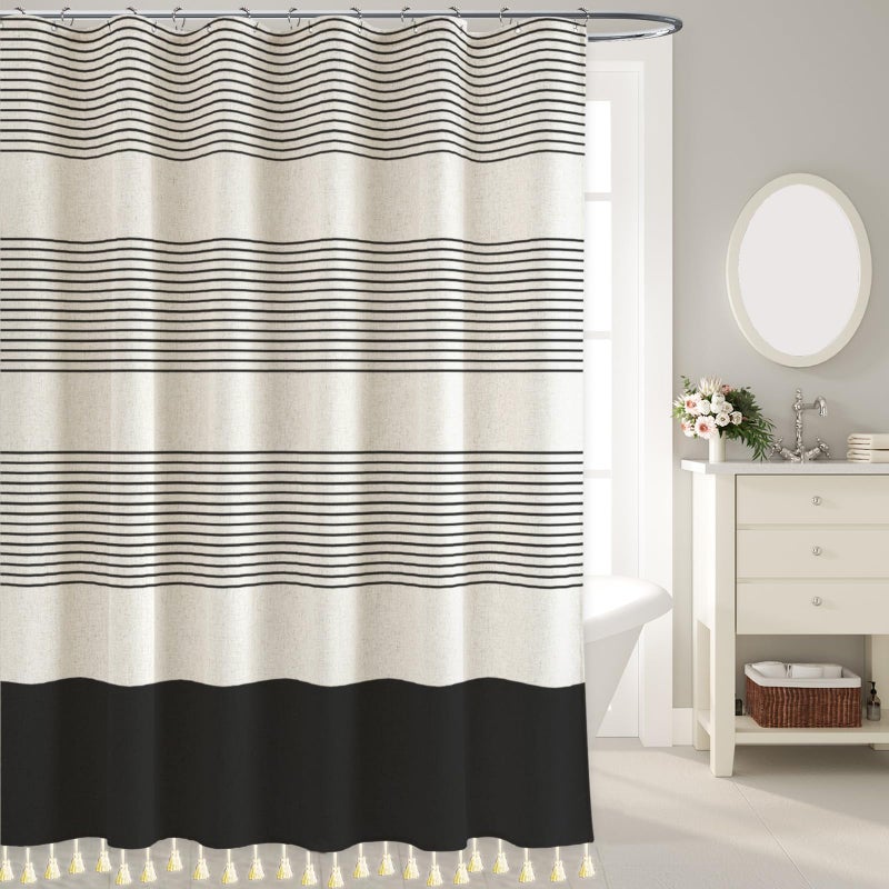 WOUVMA Boho Shower Curtains for Bathroom with Tassels Black Farmhouse Striped Shower Curtain Beige Rustic Linen 72x72 Inches - Image 3