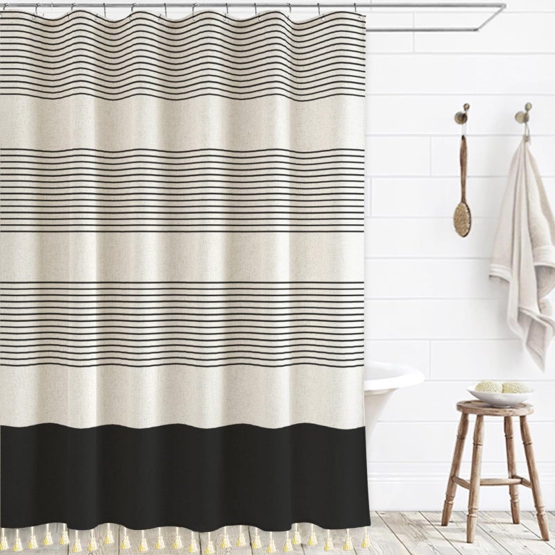 WOUVMA Boho Shower Curtains for Bathroom with Tassels Black Farmhouse Striped Shower Curtain Beige Rustic Linen 72x72 Inches - Image 1