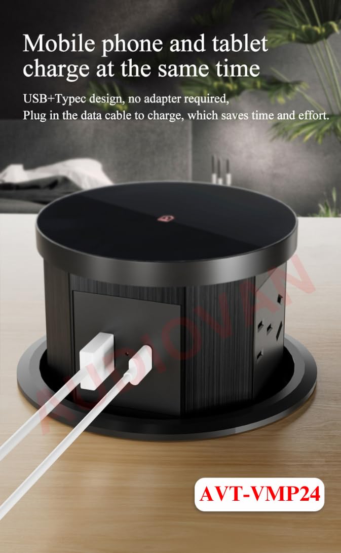 Audiovan Vertical Pop Up socket Pneumatic Electrical Countertop, 3* Power+ USB type A+C charge+ 18 watt Fast Wireless phone charge Kitchen Counter Conference Desk (AVT-VMP24) (BLACK) - Image 2