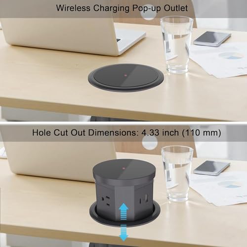 Audiovan Vertical Pop Up socket Pneumatic Electrical Countertop, 3* Power+ USB type A+C charge+ 18 watt Fast Wireless phone charge Kitchen Counter Conference Desk (AVT-VMP24) (BLACK) - Image 5