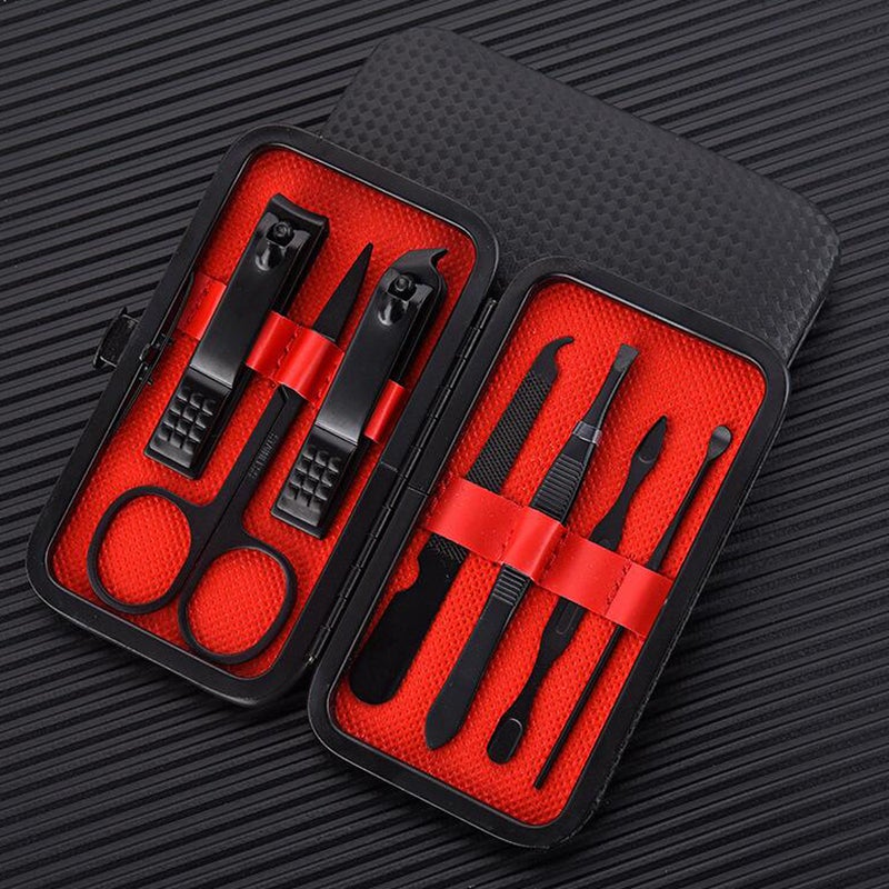 7pcs Black Stainless Steel Nail Clipper Cutter Trimmer Scissor Tweezers Ear Pick Grooming Kit Manicure Tools - Image 1