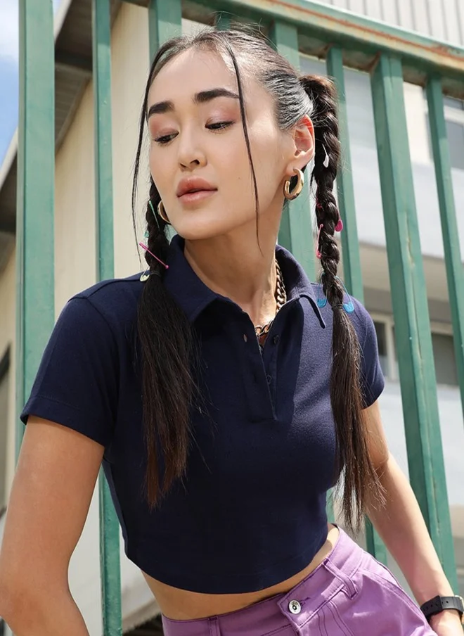 STREET 9 BASICS Navy Blue Crop Polo T-Shirt for Women