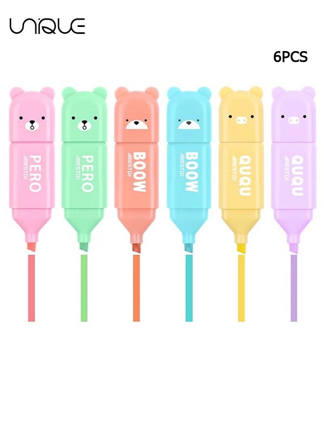 Unique 6Pcs Cartoon Highlighter Pens Assorted for School Kid 6 Macaron Colors Chisel Tip Kawaii Marker Pens Mini Cartoon Aesthetic Markers Highlighters for Writing Graffiti Drawing Office - Image 1