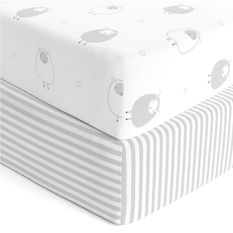 Cuddly Cubs Fitted Crib Sheets Set – 2 Pack – Jersey Cotton Crib Mattress Sheets for Baby Boy, Girl Crib – Grey Stripes, Sheep Toddler Bed Sheets – Fits on Standard 28 x 52 Crib and Toddler Mattress - Image 1