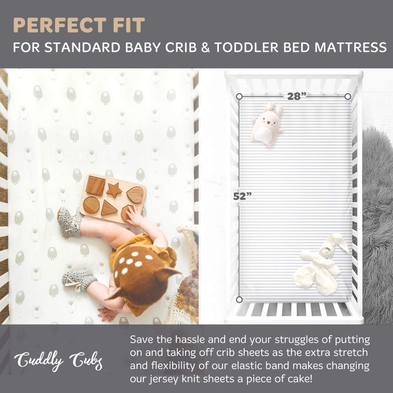 Cuddly Cubs Fitted Crib Sheets Set – 2 Pack – Jersey Cotton Crib Mattress Sheets for Baby Boy, Girl Crib – Grey Stripes, Sheep Toddler Bed Sheets – Fits on Standard 28 x 52 Crib and Toddler Mattress - Image 3