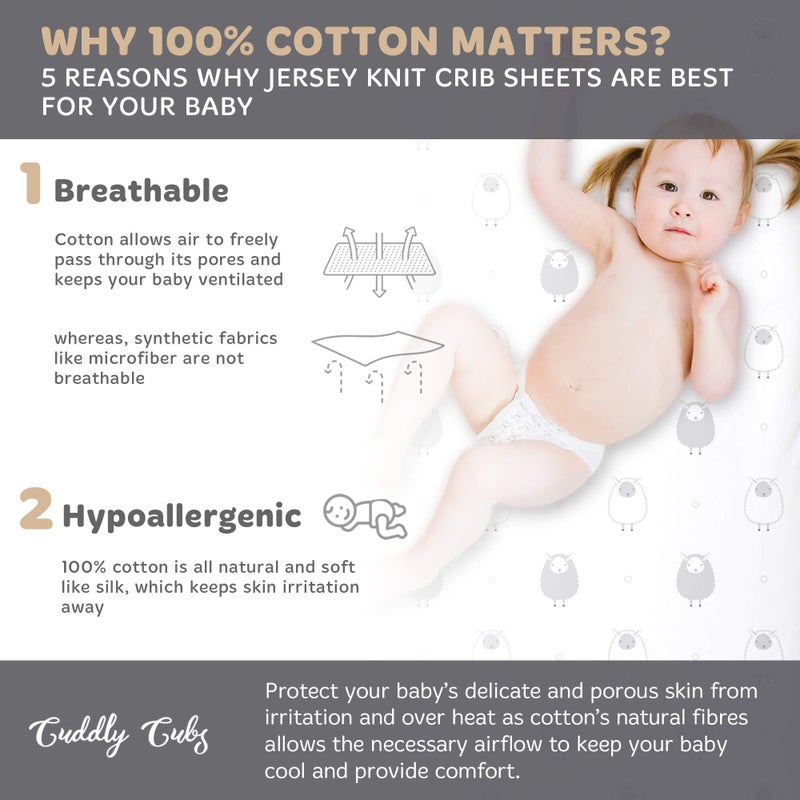 Cuddly Cubs Fitted Crib Sheets Set – 2 Pack – Jersey Cotton Crib Mattress Sheets for Baby Boy, Girl Crib – Grey Stripes, Sheep Toddler Bed Sheets – Fits on Standard 28 x 52 Crib and Toddler Mattress - Image 4