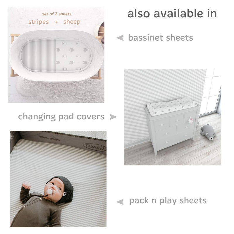 Cuddly Cubs Fitted Crib Sheets Set – 2 Pack – Jersey Cotton Crib Mattress Sheets for Baby Boy, Girl Crib – Grey Stripes, Sheep Toddler Bed Sheets – Fits on Standard 28 x 52 Crib and Toddler Mattress - Image 5