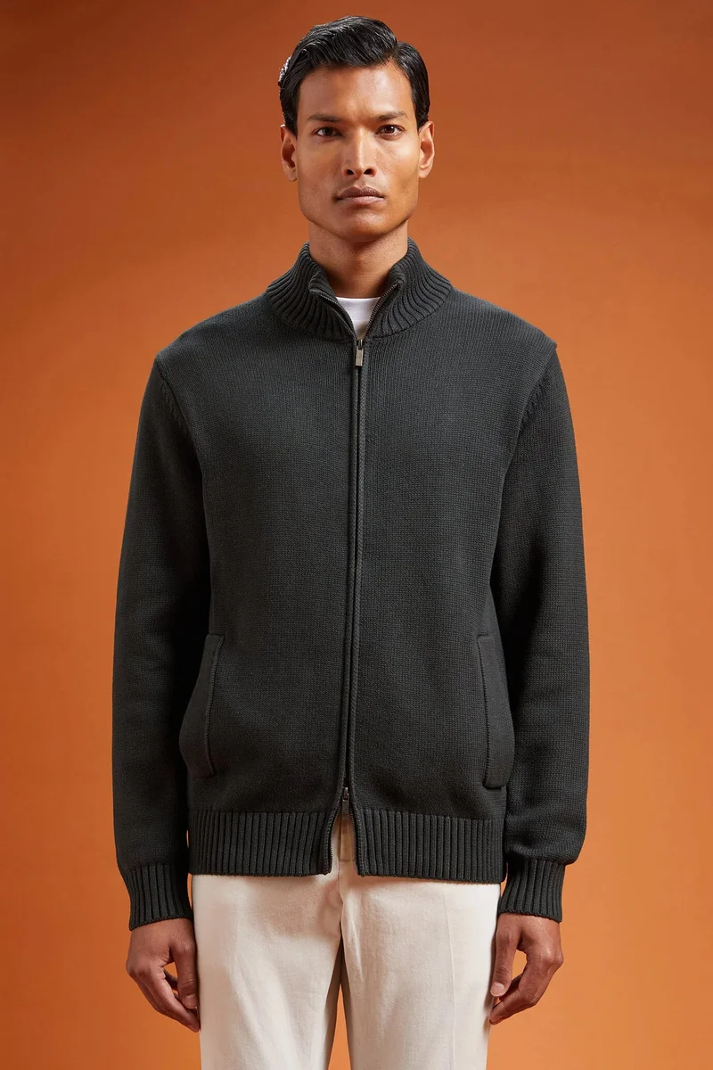 Men's regular fit zipped high neck cardigan in 100% cotton - Forest Green