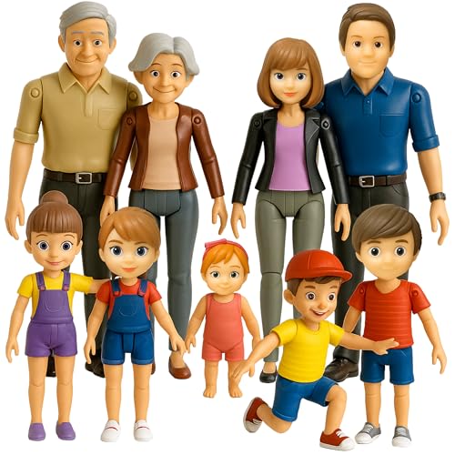 TOMLEON Dollhouse People, Bendable Dollhouse Family Set – 9 Poseable Figures Including Grandpa, Grandma, Mom, Dad, Sister, Brother, Cousins, and a Baby Girl – Perfect for Dollhouse Play and Imaginative Fun - Image 1