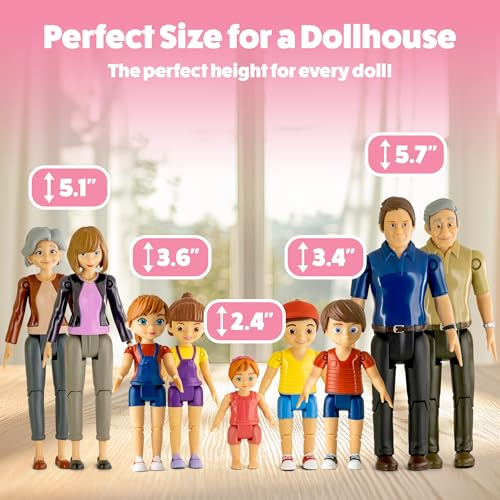 TOMLEON Dollhouse People, Bendable Dollhouse Family Set – 9 Poseable Figures Including Grandpa, Grandma, Mom, Dad, Sister, Brother, Cousins, and a Baby Girl – Perfect for Dollhouse Play and Imaginative Fun - Image 3