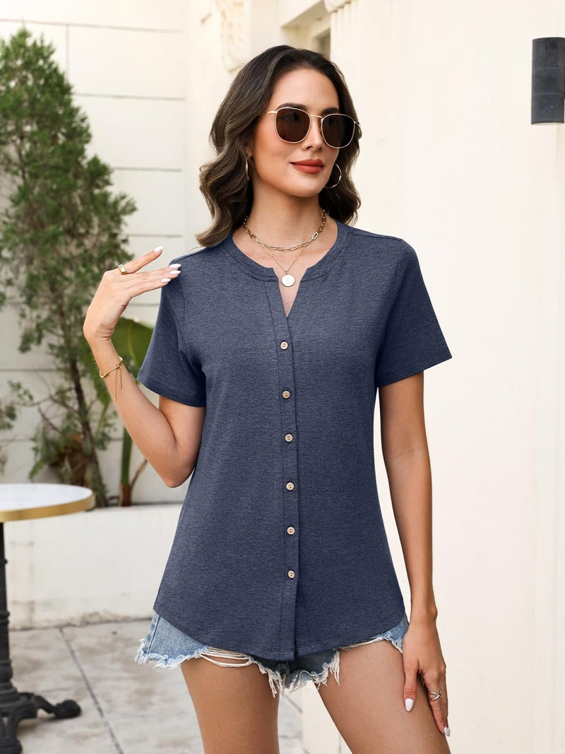 TICTICMISS Womens Short Sleeve Button Down Tops Dressy Casual V Neck Summer Shirts Trendy Tees Navy Blue - Image 2