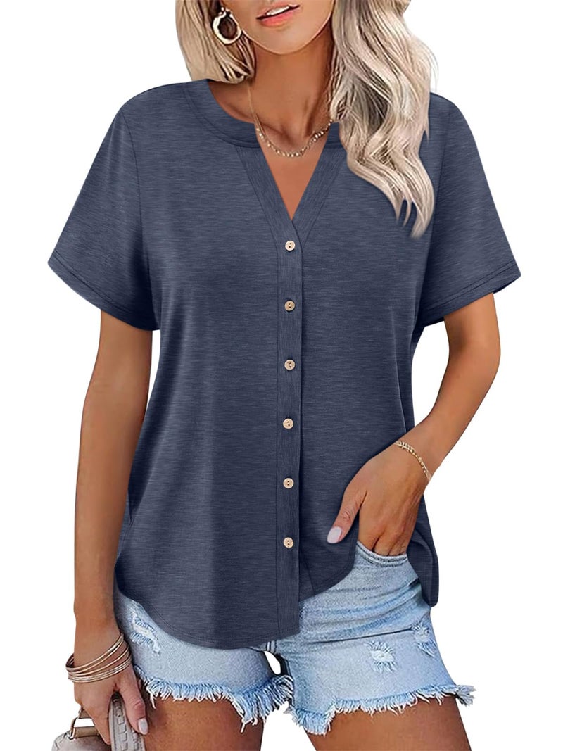 TICTICMISS Womens Short Sleeve Button Down Tops Dressy Casual V Neck Summer Shirts Trendy Tees Navy Blue - Image 1