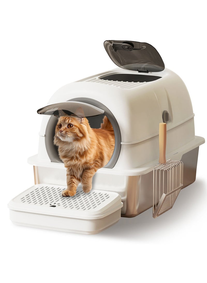 كيدل صندوق القمامة القط من الفولاذ المقاوم للصدأ مع خطوات ومسكوب عالية الجوانب صندوق القمامة القط المعدنية مع غطاء سهل التنظيف غير اللاصقة ومكافحة التسرب - Image 1