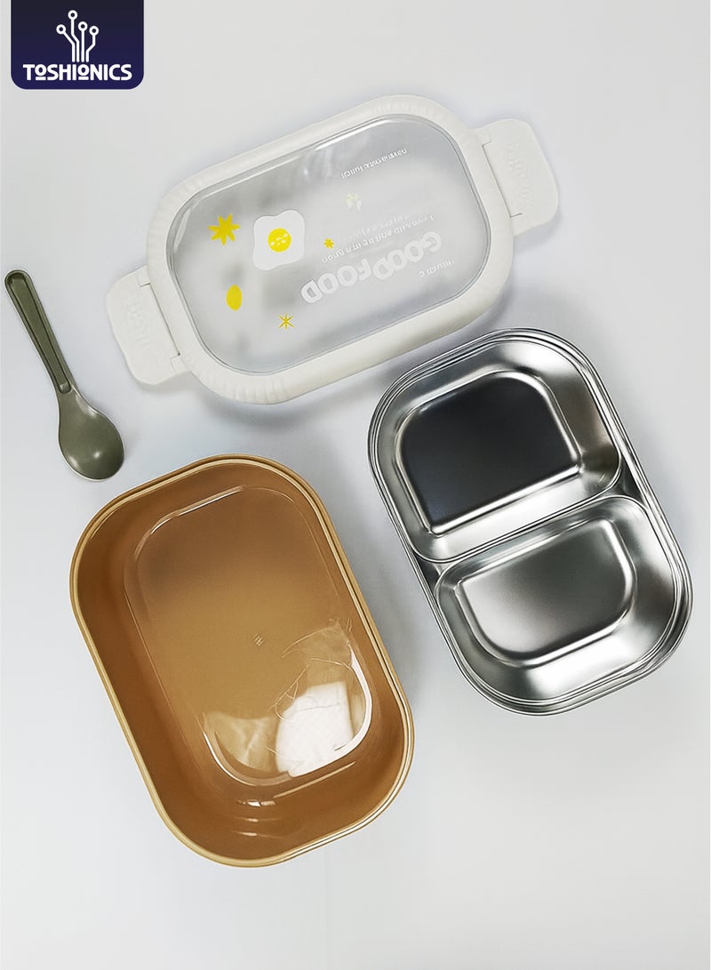 Toshionics Stainless Steel Classic Lunchbox 1.5L – Bento Meal Box with 2 Compartment and Spoon – Freezer, Dishwasher and Microwave Safe, Leakproof and Airtight with Dual Compartment, BPA-Free, Lightweight, Durable Food Container for Adults and Kids – Home, Office, School, Daycare, Travel – 19x13x6 cm - Image 1