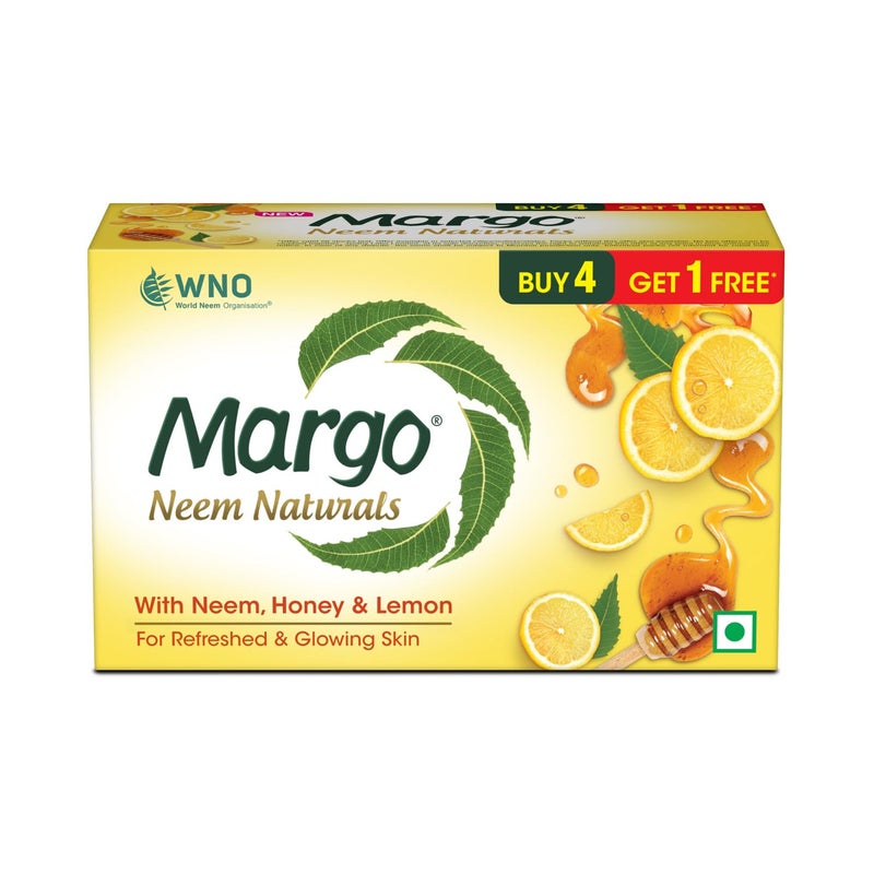 Margo Neem Naturals Soap with Goodness of 1000 Neem Leaves 100gm X Pack of 5 Enriched With Honey Lemon Soap for Refreshed Glowing Skin 100GM X 5 - Image 1