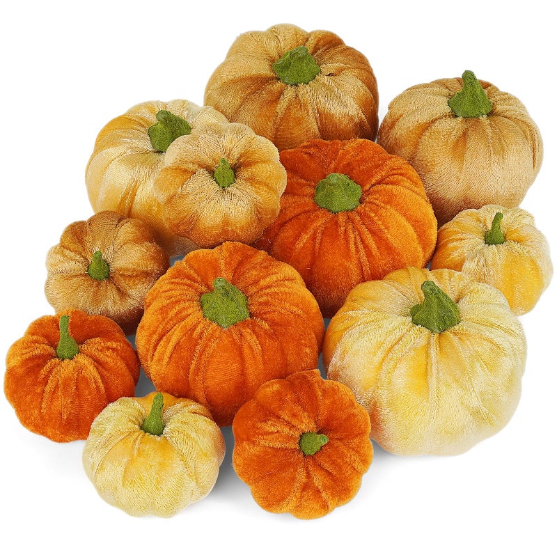 Ywlake 12 Pcs Autumn Artificial Pumpkins Assorted Sizes Fake Velet Pumpkins Orange Brown Beige Foam Pumpkins for Fall Harvest Thanksgiving Halloween Party Holiday Decor Decoration