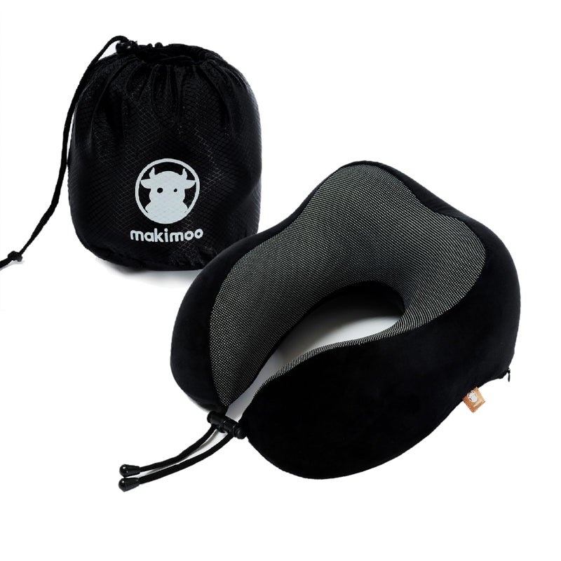 Makimoo Memory Foam Travel Pillow, Neck Pillow with 360-Degree Head Support, Comfortable Ideal for Sleeping on Airplane, Car, Train, Bus and Home Use, Comes with Storage Bag (Black) - Image 1