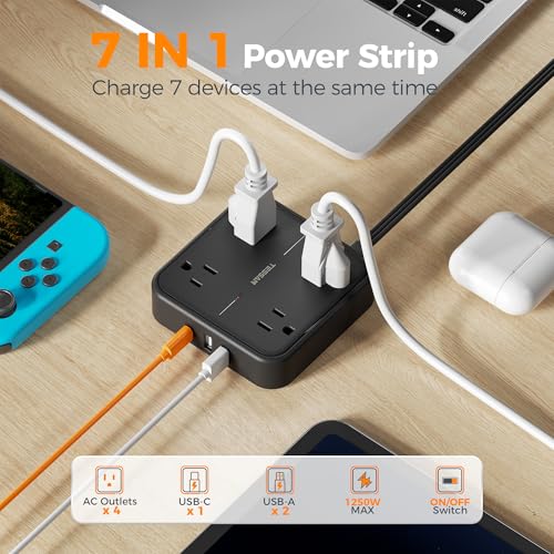 TESSAN Surge Protector Flat Extension Cord 5FT, TESSAN Flat Plug Power Strip with 4 Outlets 3 USB C Ports (1 USB C), 900 Joules Protection, Multiple Wall Outlet Extender Suitable for Home Office Dorm, Black - Image 4