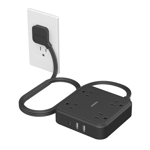 TESSAN Surge Protector Flat Extension Cord 5FT, TESSAN Flat Plug Power Strip with 4 Outlets 3 USB C Ports (1 USB C), 900 Joules Protection, Multiple Wall Outlet Extender Suitable for Home Office Dorm, Black - Image 1