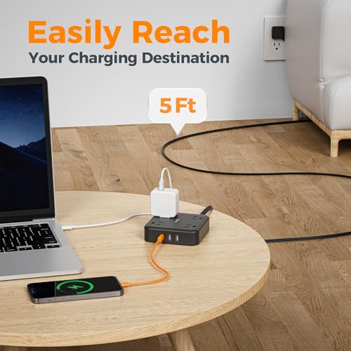 TESSAN Surge Protector Flat Extension Cord 5FT, TESSAN Flat Plug Power Strip with 4 Outlets 3 USB C Ports (1 USB C), 900 Joules Protection, Multiple Wall Outlet Extender Suitable for Home Office Dorm, Black - Image 5