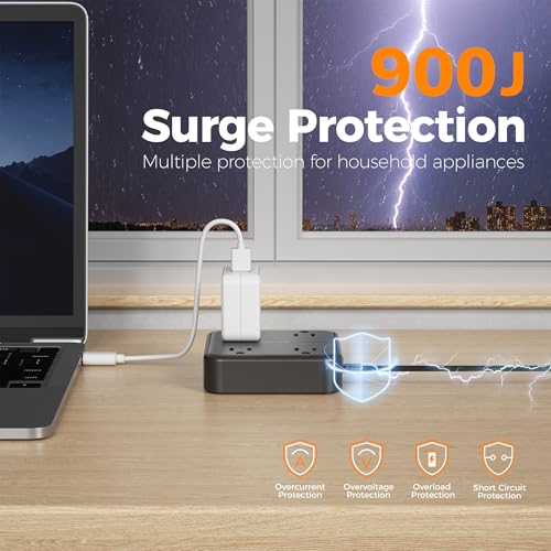 TESSAN Surge Protector Flat Extension Cord 5FT, TESSAN Flat Plug Power Strip with 4 Outlets 3 USB C Ports (1 USB C), 900 Joules Protection, Multiple Wall Outlet Extender Suitable for Home Office Dorm, Black - Image 2