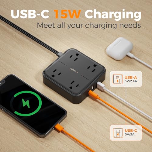 TESSAN Surge Protector Flat Extension Cord 5FT, TESSAN Flat Plug Power Strip with 4 Outlets 3 USB C Ports (1 USB C), 900 Joules Protection, Multiple Wall Outlet Extender Suitable for Home Office Dorm, Black - Image 3