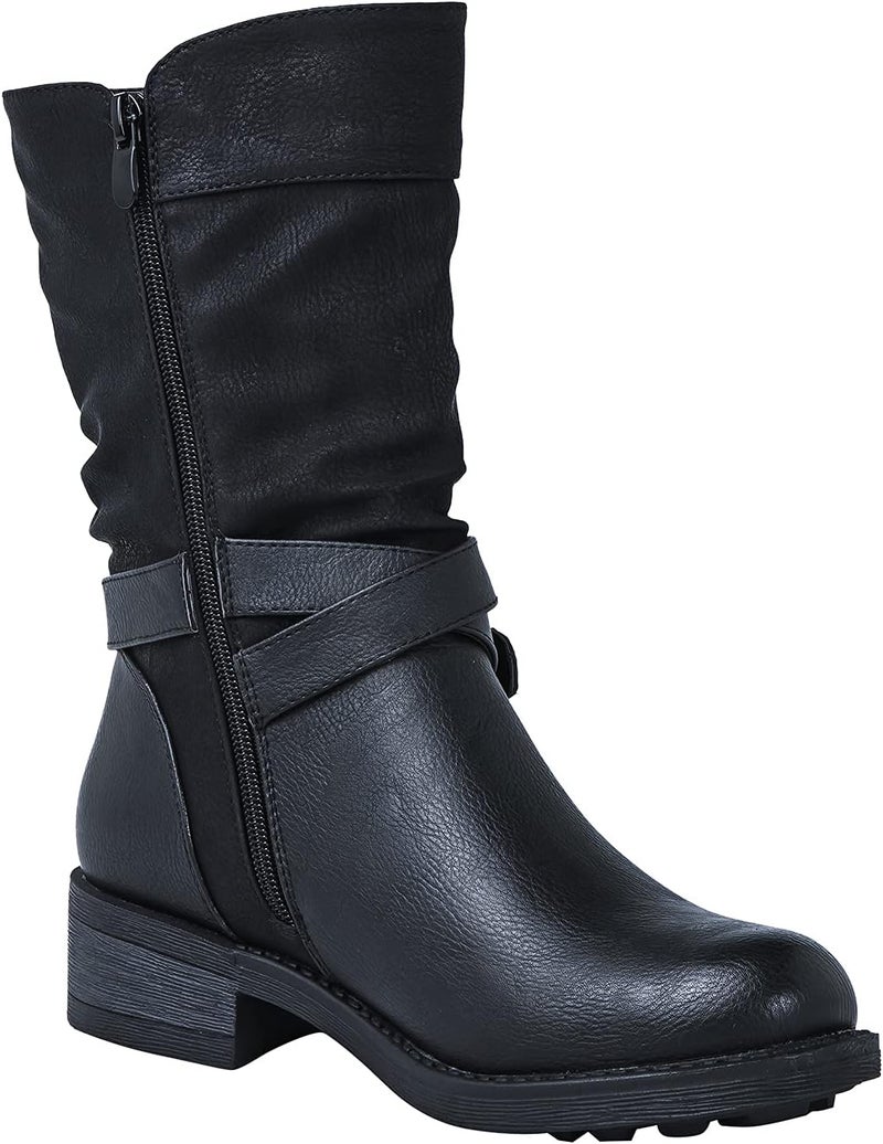 GLOBALWIN Women's Fall Fashion Biker Boots - Mid Calf, Black, Low Heel, Size 8M - Image 3