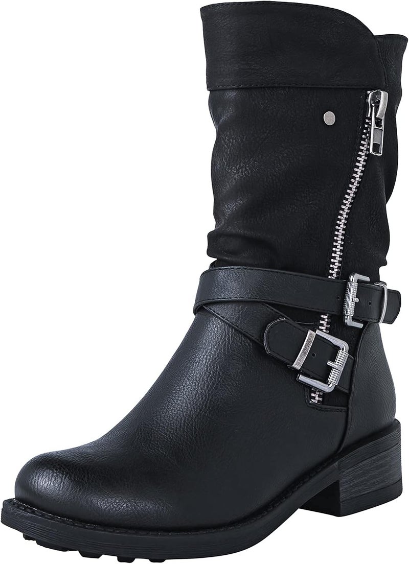 GLOBALWIN Women's Fall Fashion Biker Boots - Mid Calf, Black, Low Heel, Size 8M - Image 1