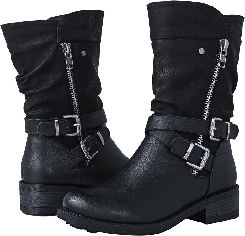 GLOBALWIN Women's Fall Fashion Biker Boots - Mid Calf, Black, Low Heel, Size 8M - Image 2