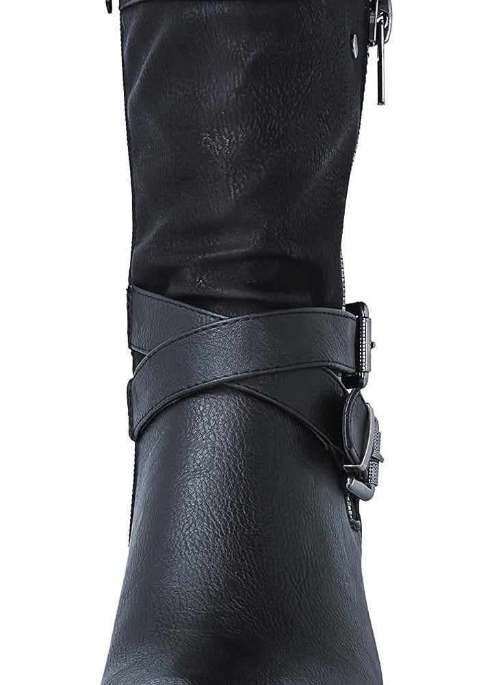 GLOBALWIN Women's Fall Fashion Biker Boots - Mid Calf, Black, Low Heel, Size 8M - Image 4