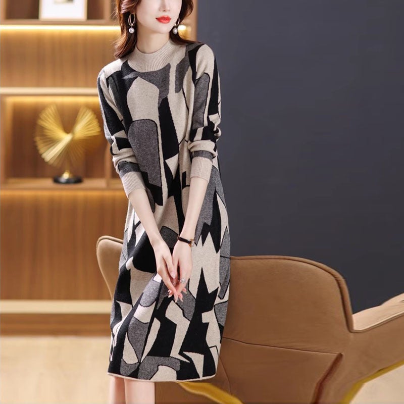 2023 Autumn Cashmere sweater knitted dress womens loose mid-length sweater with overcoat inner skirt Black