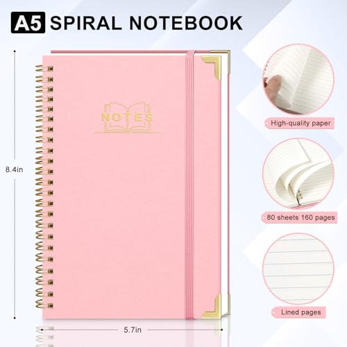 LACCHOUFEE Lined Spiral Journal Notebook, A5 Hardcover Spiral Notebook for Work, 5.7''×8.2'', 100GSM Thick Paper Spiral Bound Journaling Notebooks for Women & Men Office School Note Taking Business, Pink - Image 2