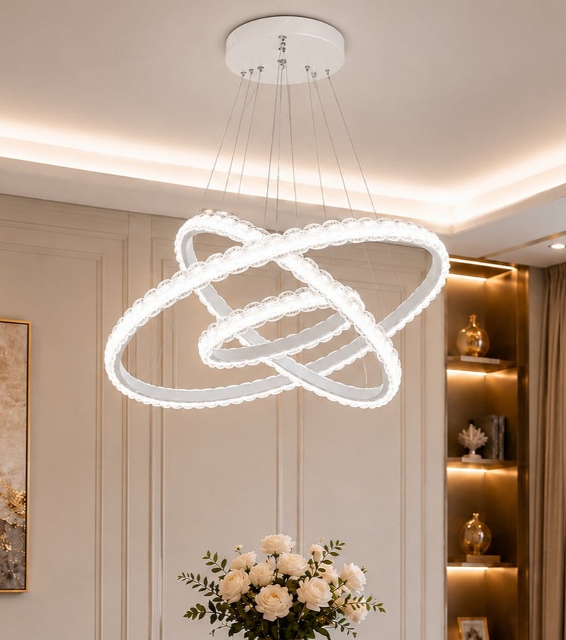 Modern LED Acrylic 3-Ring Chandelier | Remote Control | 3 Lighting Colors | Ideal for Living Room & Dining Room