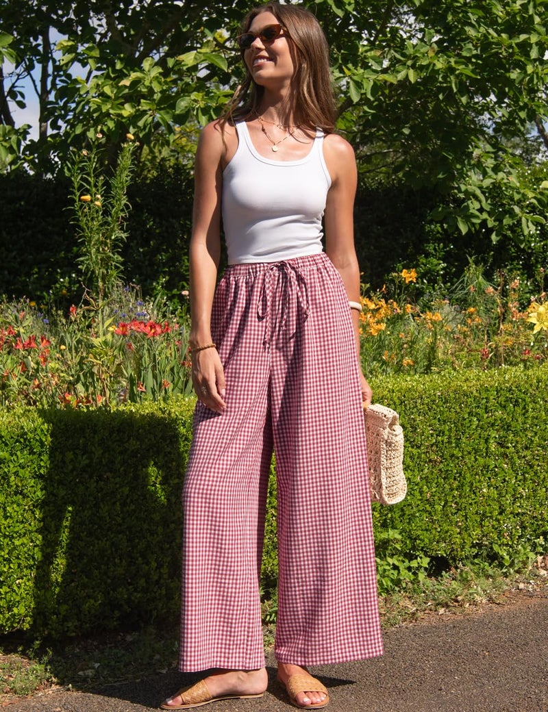 TARSE Womens Linen Striped Gingham Wide Leg Pants Palazzo Drawstring Elastic Waist Lounge Pajama Pants Cute Casual Trousers with Pockets(RedWhitePlaid, XL) - Image 4