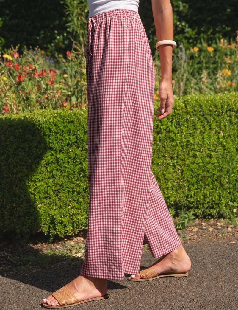 TARSE Womens Linen Striped Gingham Wide Leg Pants Palazzo Drawstring Elastic Waist Lounge Pajama Pants Cute Casual Trousers with Pockets(RedWhitePlaid, XL) - Image 2