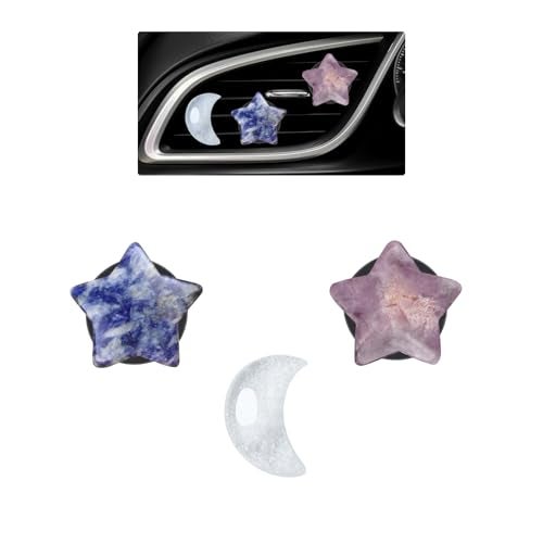 ORIESSE Moon Stars Car DecorBoho Air Vent ClipsRefillable Car Fresheners3pcs Natural Crystal Stone Hippie Dashboard Decorations AccessoriesBest Wishes for Lover and Friend Blue Purple - Image 1