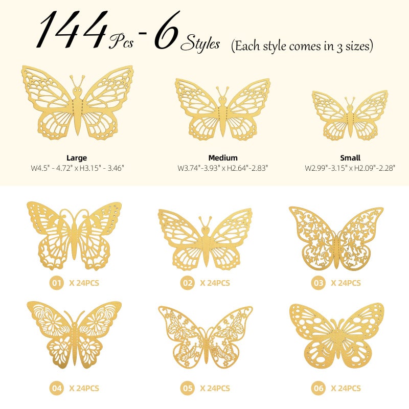 بي تي واي ام اس 144 PCS Gold Butterfly Decor Decor Cake Butterfly Toppers Toppers 3D Butterfly Stickers 6 Styles و 3 أحجام ملصقات جدارية قابلة للإزالة - Image 2