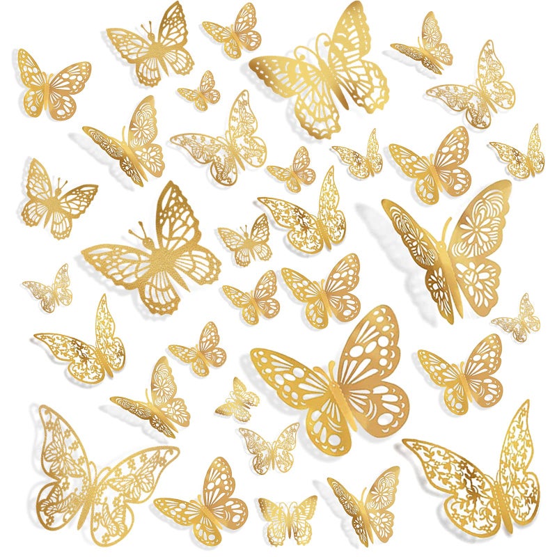 بي تي واي ام اس 144 PCS Gold Butterfly Decor Decor Cake Butterfly Toppers Toppers 3D Butterfly Stickers 6 Styles و 3 أحجام ملصقات جدارية قابلة للإزالة - Image 4