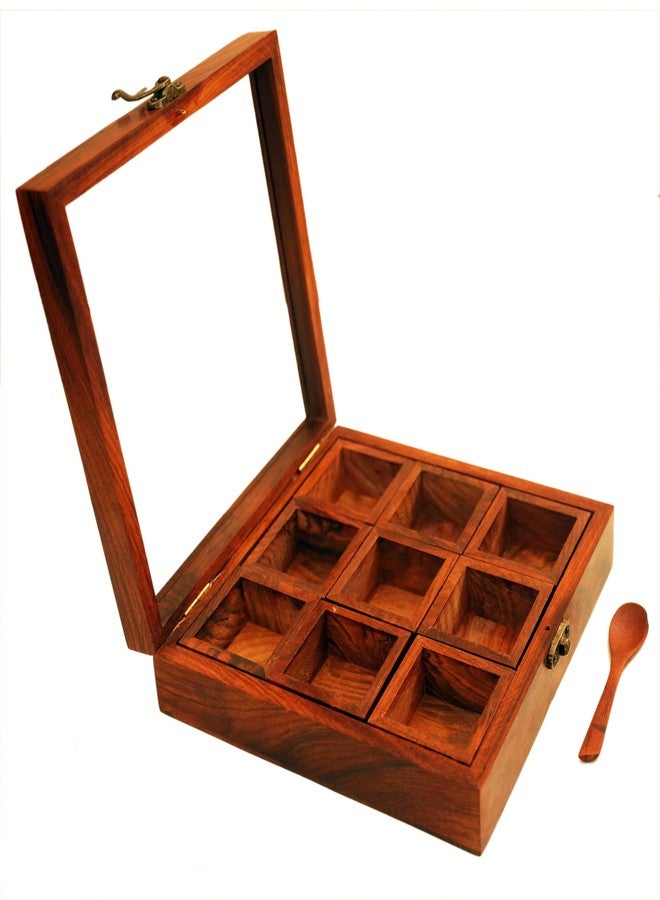Freakway Spice Box Masala Box/Dabba/Hand Crafted With spoon In Sheesham Wood for Kitchen with 9 cotainer - Image 3