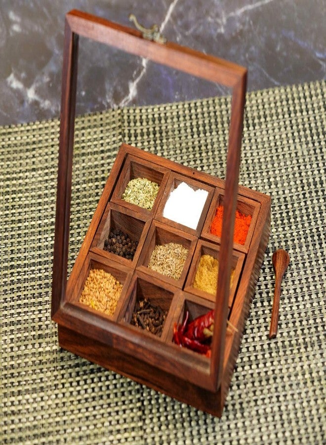 Freakway Spice Box Masala Box/Dabba/Hand Crafted With spoon In Sheesham Wood for Kitchen with 9 cotainer - Image 1