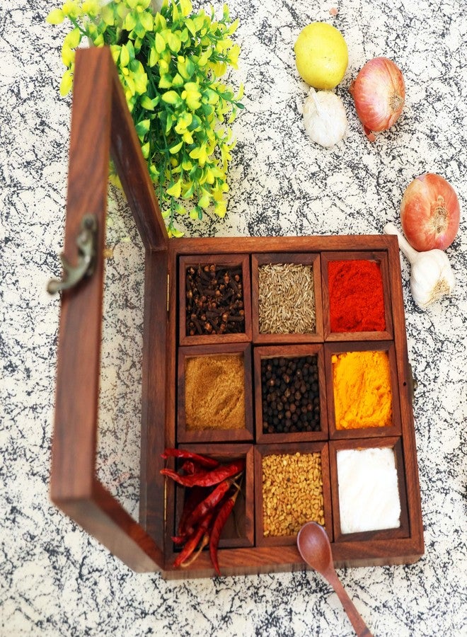 Freakway Spice Box Masala Box/Dabba/Hand Crafted With spoon In Sheesham Wood for Kitchen with 9 cotainer - Image 2